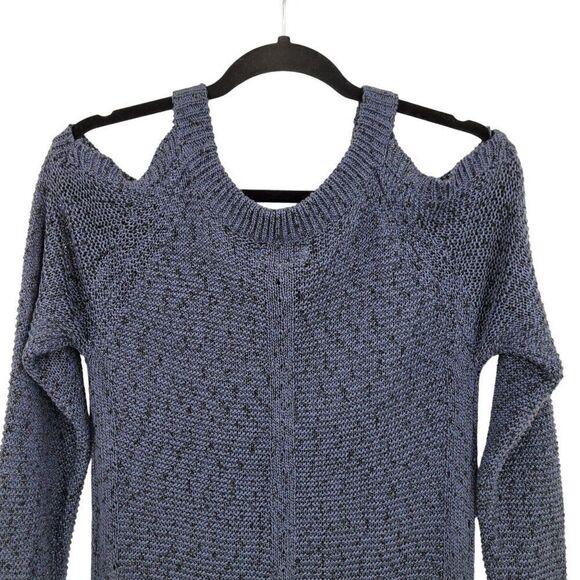 Vintage 90s Cold Shoulder Flecked Rib Knit Sweater Top M Blue Black Casual - Picture 5 of 11